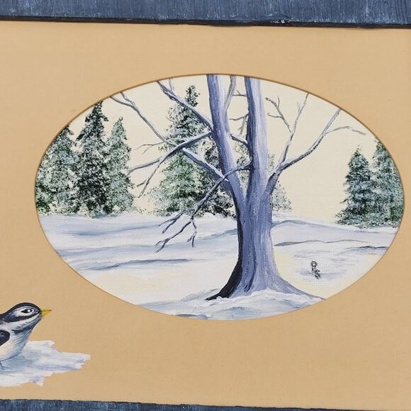Signed Art Hand Painted Winter Scene Bird Lover Wood Frame Trees Farm Decor Snow - Picture 4 of 10